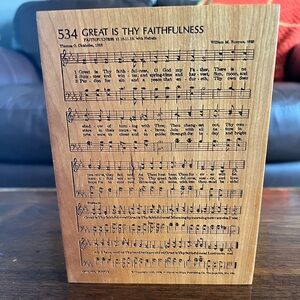 Carved Wood Sheet Music Hymn Plaque "Great Is Thy Faithfulness” with music box